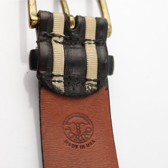 Torino USA Mens Belt Size 44 Black Leather Tan Inlay 1 1/2" Width Brass Buckle - Picture 11 of 16